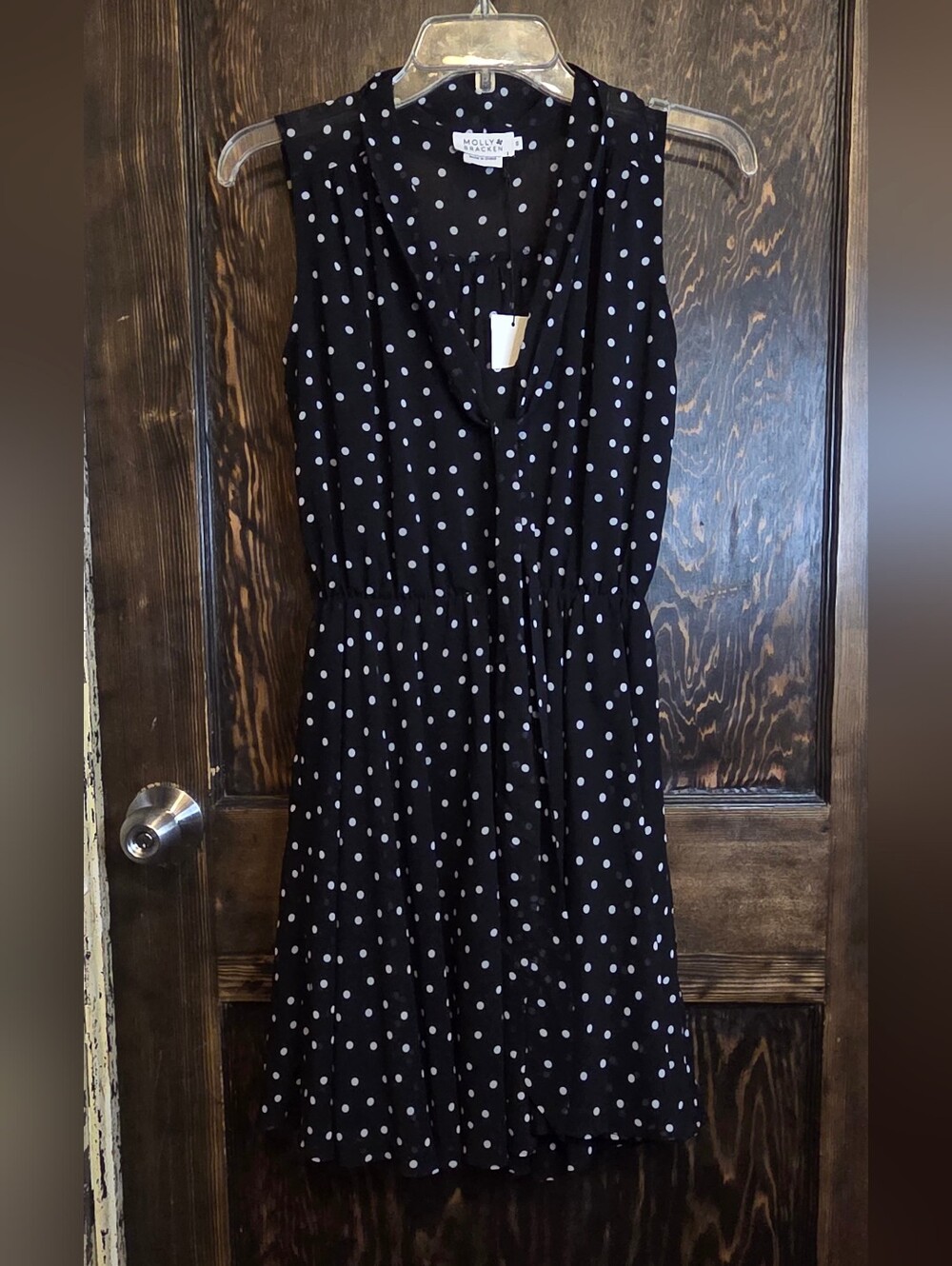 NWT Molly Bracken Black Sleeveless Midi Shirt Dress w/ White Polka Dots Sz S